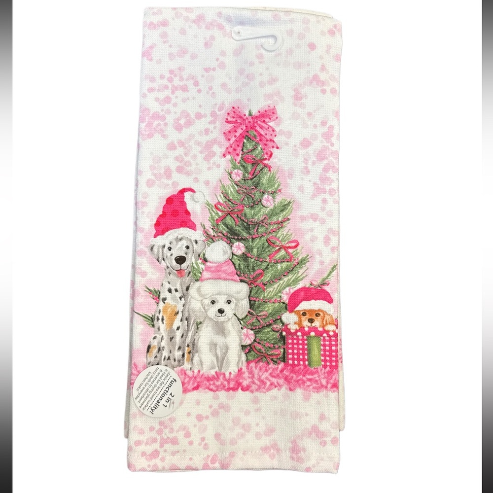 Bows! 🎀 Set of two dish towels w puppies and pink!